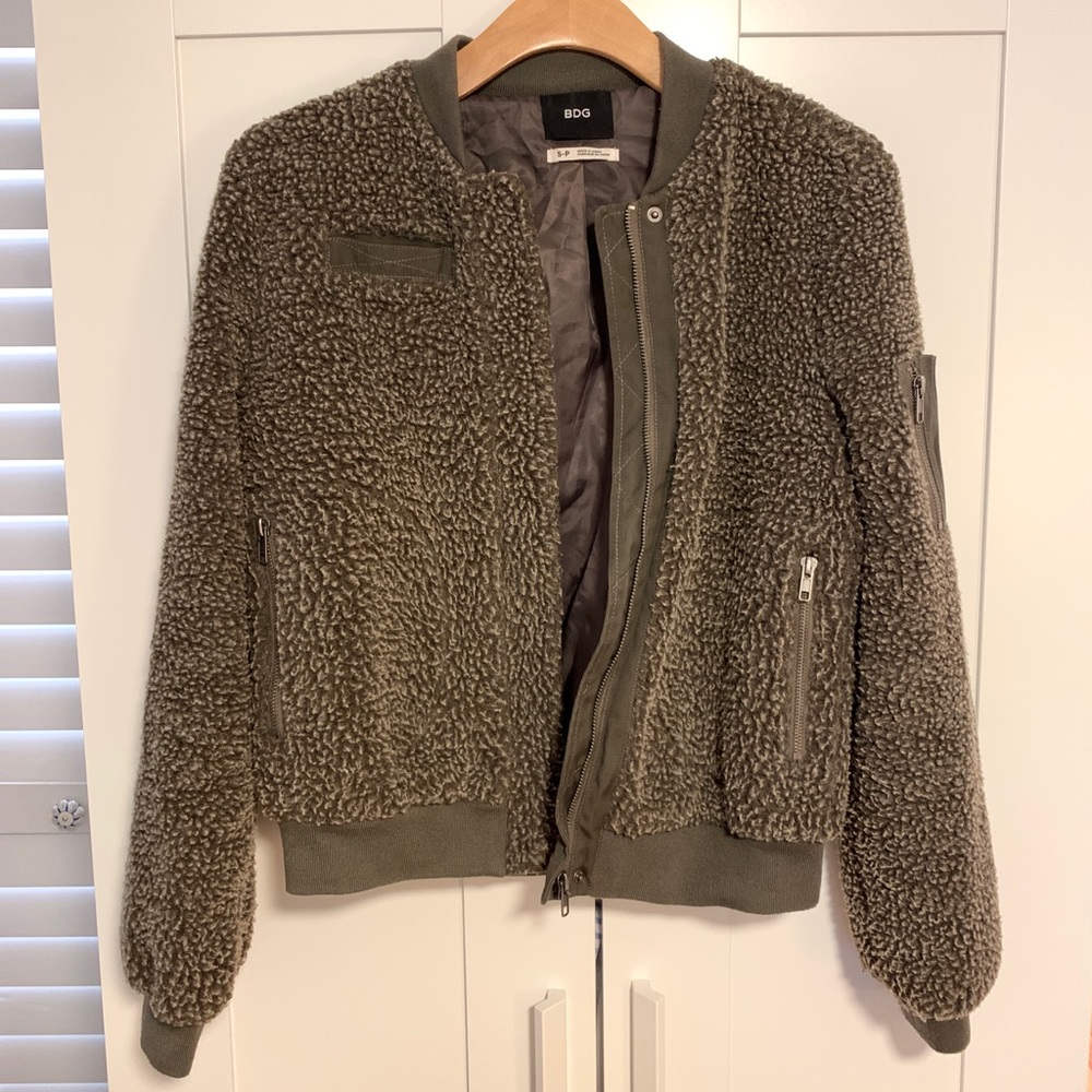 BDG army green fleece zip up bomber jacket
